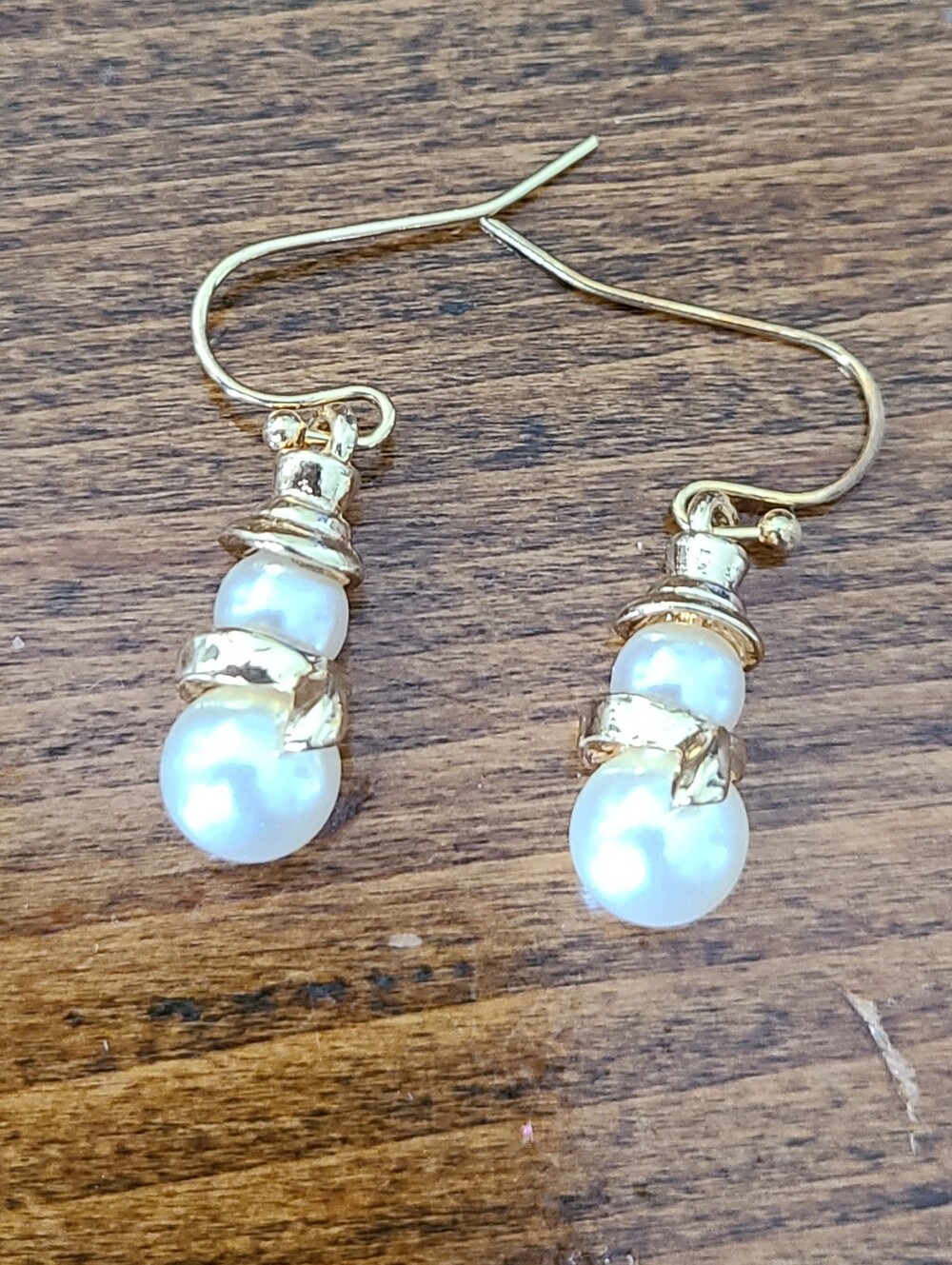 Gold Tone Faux Pearl Snowman Earrings